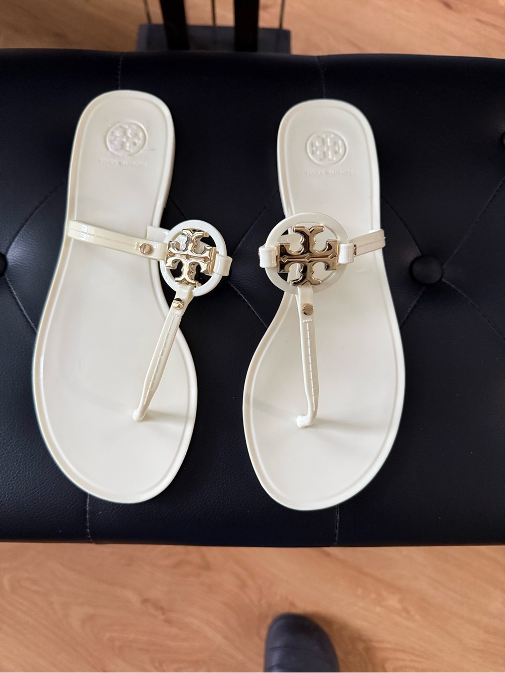 Tory Burch Ivory Patent Logo Thong Sandals with Gold Medallion